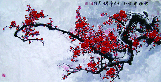 寒梅带雪红